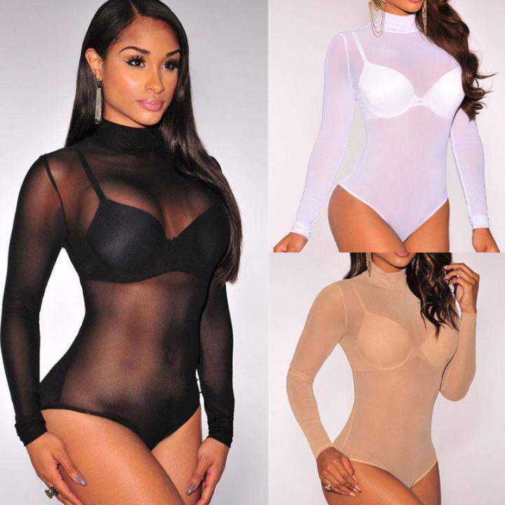 MZ Moderntime Tiktok style Women Long Sleeve Bodysuit Mesh Sheer See