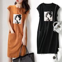 Sleeveless T-shirt Dress Womens 2022 Summer New Loose Printing Korean Style Mid-length Dress