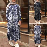 ZANZEA Women Casual Loose Printed Slit Hem Long Sleeve Muslim Dress