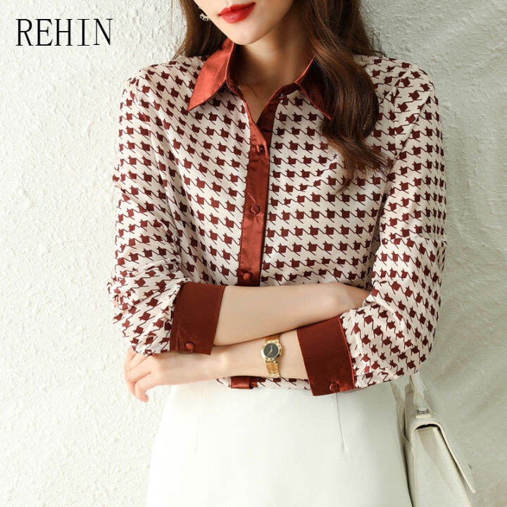 rehin-ของผู้หญิงด้านบนแสงใหม่หรูหราหรูหราหรูหราปกปกชนสีเสื้อแขนยาว-houndstooth-ตรวจสอบพิมพ์เสื้อชีฟองผ้าไหม