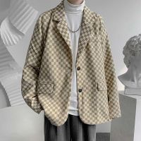 ZZOOI Plaid Checkerboard Print Mens Silhouette Loose Corduroy Suit Coat Casual Spring And Winter 2022 New Single Breasted Blazer