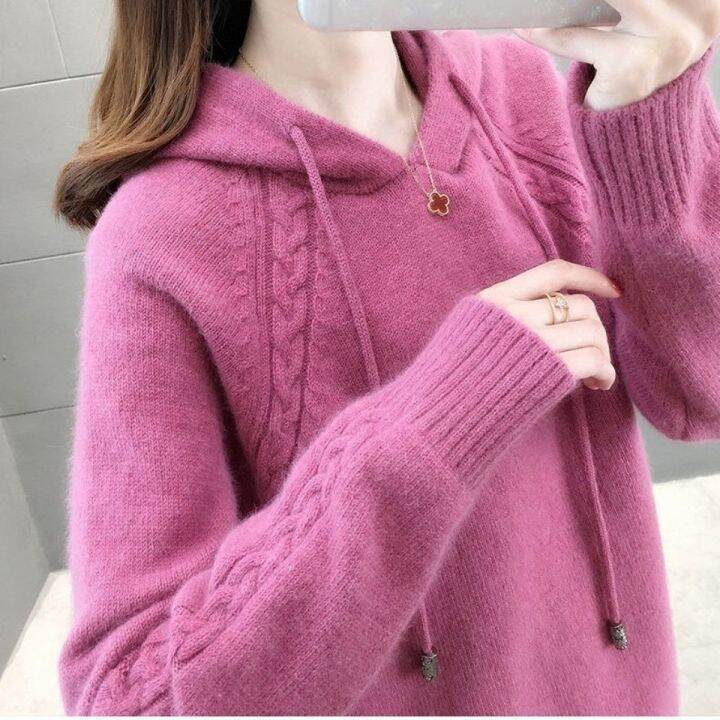Pullover Women's Sweater Loose Knit Hooded Long Sleeve Pullover Thicken  Solid Color Ladies Sweater 2021 Fall/Winter Casual Top | Lazada Singapore