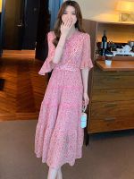 【YF】 2023 Pink Floral Chiffon Chic Ruffled Casual Midi Dress Summer Boho Elegant Luxury Party Women Korean Bodycon New In