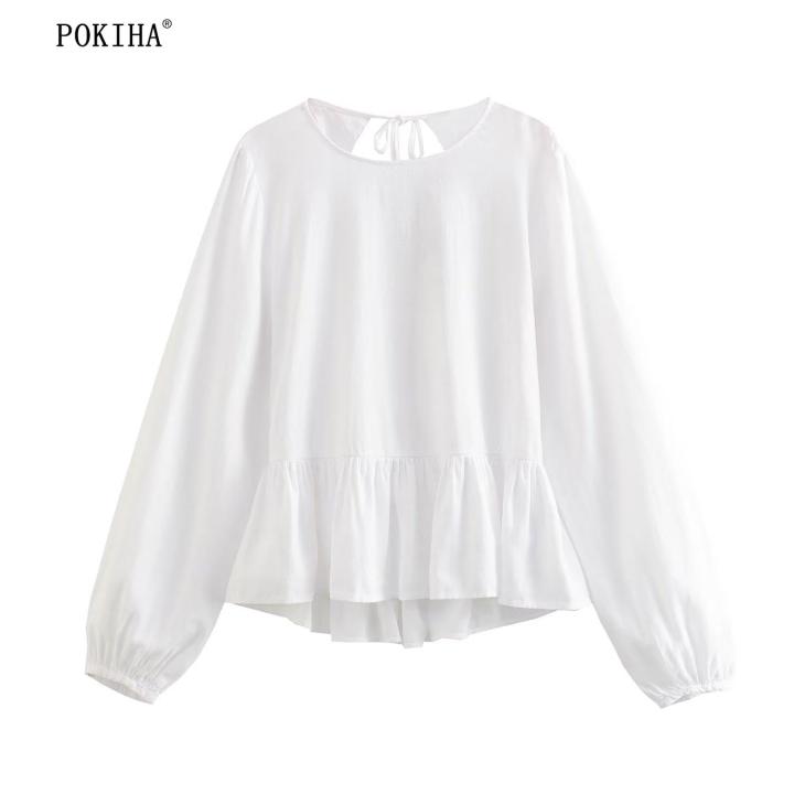 pokiha-แฟชั่นผู้หญิงผ้าลินินสีขาว-backless-ผูกโบว์เสื้อแขนยาวหญิง-pullovers-chic-tops