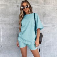 Summer Casual Women Set Short Sleeve Top Shirt and Biker Shorts Print Two Piece Sets Loose Home Outfit