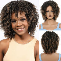 LINGHANG Dreadlock Curly Wig Short Synthetic Twist Natural Black 1b 30 Ombre Brown For Black Women and Men Afro Curly Hair Part