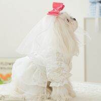 Lace Bow Puffy Sleeves Skirt Dog Clothes White Wedding Dress Dogs Clothing Cat Party Summer Thin Elegant Girl Cute Pet Products Dresses