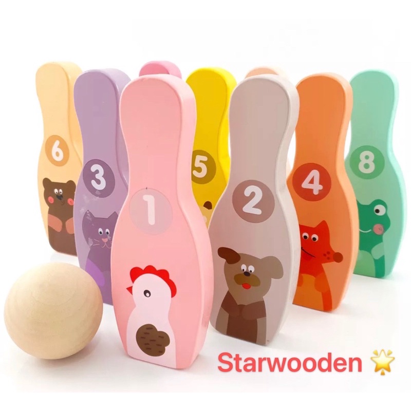 Wooden Animal Bowling Ball SET Game Baby Intellectual Toy Children 6 Pins 2 Ball 