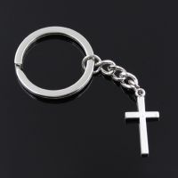 New Fashion Men 30mm Keychain DIY Metal Holder Chain Vintage Cross 13x27mm Silver Color Pendant Gift Key Chains
