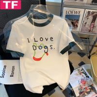 Pure Cotton Bag Collar round Neck Contrast Color Short-Sleeved T-shirt for Women 2023 Summer New Letter Printed Loose Mid-Length Top