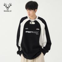 yii8yic HANLU เสื้อฮู้ดผู้ชาย 2023 ใหม่สไตล์อเมริกันมอเตอร์ไซค์เทรนด์ฮิตสีคอกลมแขนยาวแฟชั่นลำลองเสื้อคู่