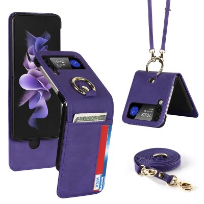 「Enjoy electronic」 Crossbody Lanyard Leather Case for Samsung Galaxy Z Flip 4 5G Flip3 Credit Card Slot Shockproof Ring Holder Back Cover Bag Coque