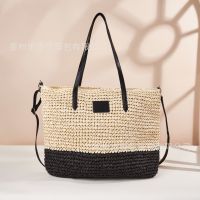 Color-blocking hand-woven bag seaside vacation beach bag hand-held straw bag crochet shoulder bag diagonal bag 〖WYUE〗