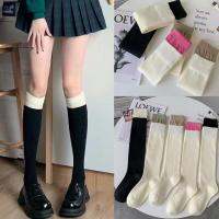 ถุงเท้ายาว ผ้าฝ้าย บล็อกสี แฟชั่นผู้หญิง สีขาว Japanese sweet knee high cotton white stockings