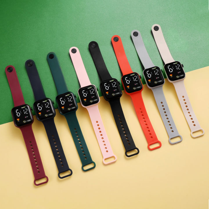 นาฬิกาอิเล็กทรอนิกส์สำหรับนักเรียนกีฬาแฟชั่นดิจิตอลกันน้ำสี่เหลี่ยมสีรุ้งนาฬิกาข้อมือ-led-อิเล็กทรอนิกส์ใหม่