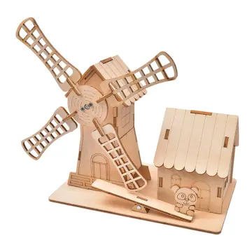 Windmill Wooden House Teaching Toy Physics Projects Decoration for Children