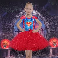 ❒ Sparkly Red Girls Superhero Costume Tutu Dress Kids Halloween Costume Cosplay Children Fancy Dress Party Role Play Tulle Dress