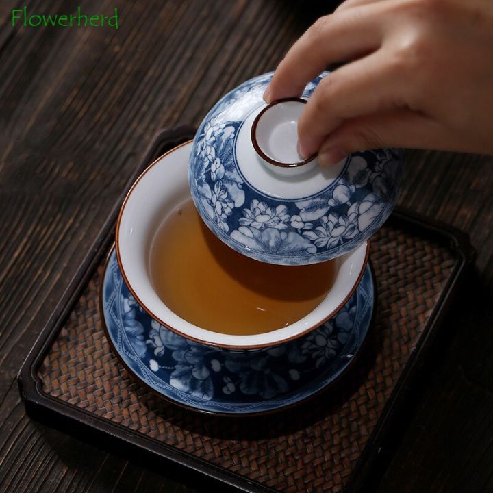 ชุดชาถ้วยชากังฟูสีน้ำเงินและเครื่องกระเบื้องสีขาวเครื่องกระเบื้องสีขาวเครื่องเคลือบเซรามิคสีขาวชุดชา