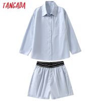 Tangada 2021 Women 100% Cotton Tracksuit Sets Striped Loose Shirt Shorts 2 Pieces Sets Long Sleeve Blouse Pants Suits 6L37