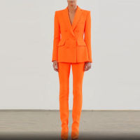 Blazer Pantsuits ชุดเรืองแสงสีส้ม2022ฤดูใบไม้ร่วงใหม่แฟชั่นปุ่มคู่กางเกงสำนักงานสวมชุดสองชิ้น...