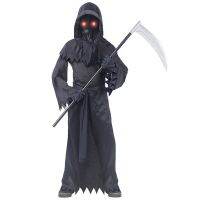 Boys Girls Grim Reaper Cosplay With Hat Masks Luminous Eyes Death Hook Sickle Party Terror Halloween Costume