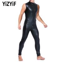 Men High Collar Bodysuit Swimsuit Swimwear Sleeveless Zipper Bodycon Stretchy Gym Jumpsuit Black Faux Leather Catsuit