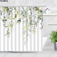 【CW】☁◄卐  Eucalyptus Shower Curtains Watercolor Leaves on The Top with Floral Curtain Set Hooks