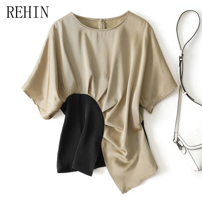 REHIN คอกลมฤดูร้อนแขนสั้นลายออกแบบที่ผิดปกติเสื้อผู้หญิงสายรัดเอวผ้าซาตินสีตัดกัน