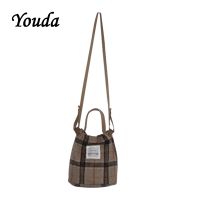 Youda New British Style Shoulder Bags Woolen Plaid Retro Messenger Bag Ladies Vintage Handbag Fashion Bucket Package