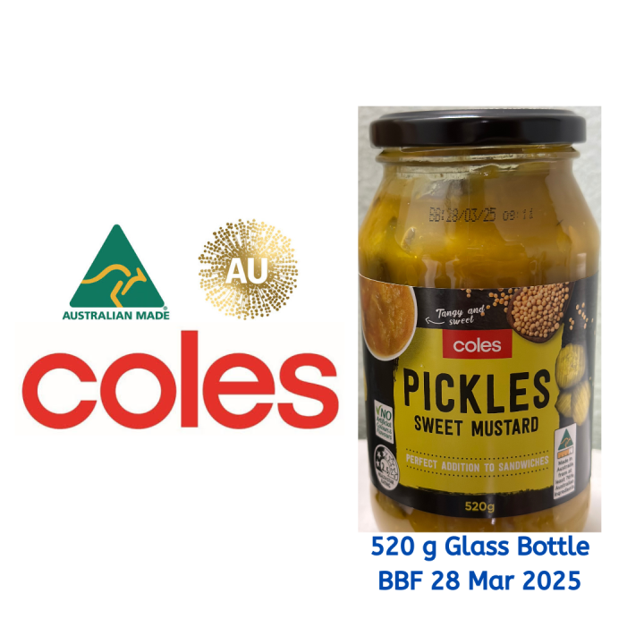 ผักกาดดองหวาน ออสเตรเลีย บรรจุขวดแก้ว Coles Sweet Mustard Pickles 520g