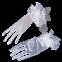 ✐☍☏ White Ivory Wrist Length Tulle Full Finger Bride Gloves with Flowers Women Wedding Accessories