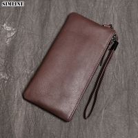 ZZOOI Genuine Leather Wallet For Men Male Cowhide Mens Long Slim Zipper Clutch Purse Bag With Card Holder Phone Pocket Handy Strap