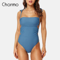 Charmo Womens Swimsuit Belly Pleated Solid Fashion Monokini Swimwear Beach Wear Suit