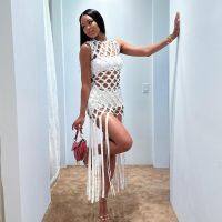 Hot sell Solid White Hollow Out Long Tassel Dress Women Sexy Round Neck Sleeveless Slim Maxi Club Party Robe Beach Smock Bikini Cover Ups