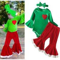 [COD] childrens baby girl three-piece silver fox velvet trumpet sleeve jumpsuit red flared headband set