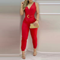 Women Fashion Elegant Sleeveless Partywear Jumpsuits Formal Office Lady WorkWear Casual V Neck Belted Jumpsuit