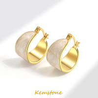 Kemstone เครื่องประดับต่างหูแบบห่วงเคลือบสีขาวชุบทองแบบ S925หรูหราสำหรับผู้หญิง