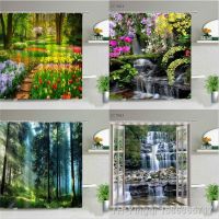 Spring Garden Scenery Shower Curtain Forest Tree Flower Plant Waterfall Courtyard Nature Landscape Bathroom Decor Fabric Curtain