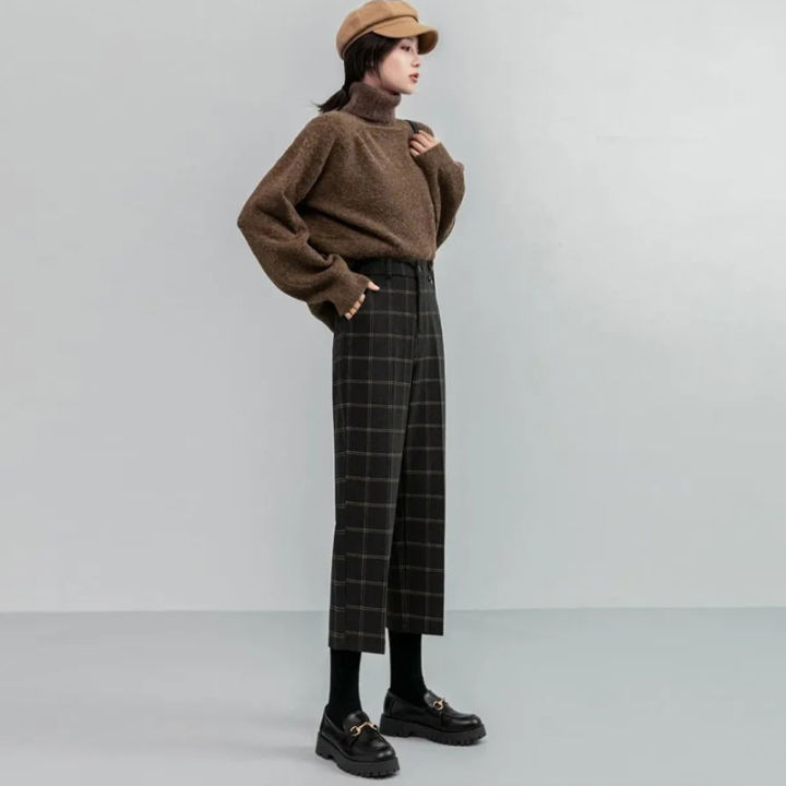 luck-a-autumn-winter-women-plaid-pencil-pants-woolen-straight-trousers-female-high-waist-loose-england-style-ankle-length-pants