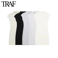 【YF】 TRAF Women Fashion Spring Summer Stretch Knit Sleeveless Stand Collar A Line Mini Dress France Chic Female Dresses Evening