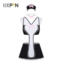 Women Sexy Maid Cosplay Costume Lace Trim Bodysuit Lingerie Set Sexy Back Cross Bra Skirt With G-string And Headband Neck Strap