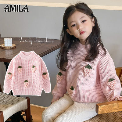 AMILA สาวๆถักเสื้อแขนยาวคอกลมฤดูหนาวเสื้อแบบหลวมสตรอเบอร์รี่สามมิติแฟชั่นสไตล์เกาหลี