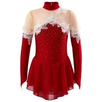 Kids Girls Figure Skating Ballet Dance Costume Long Sleeve Stand Collar Shiny Rhinestone Zipper Closure Back Skating Dance Dress