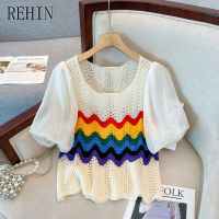 REHIN เสื้อสเวตเตอร์ถักผู้หญิงลายทางสีรุ้งใหม่ฤดูร้อนดีไซน์ทันสมัยเสื้อสตรีแขนยาวฟอง