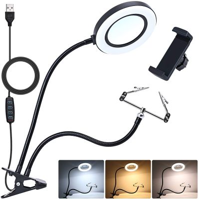 Magnifying Desk Lamp 10 Diopter Real Glass Lens 3 Color Modes Stepless Dimmable LED Magnifier Light and Stand for Crafts 5X