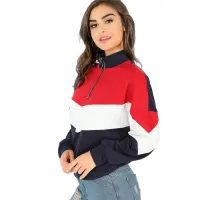 Sweatshirts Multicolor Stitching O-Ring Zip Front Cut And Sew Stand Neck Raglan Sleeve Sweatshirt Women Casual loos Pullovers