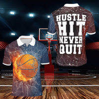 Basket Ball Fire Water Hustle Hit Never Quit Fathers Day Gift 3 Button Fabric Polo Shirt XS-4XL