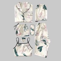 【jw】✹  7 Pieces Pajama Set Sleepwear Faux Silk Stain Nightwear Fashion Sling Shorts Printed