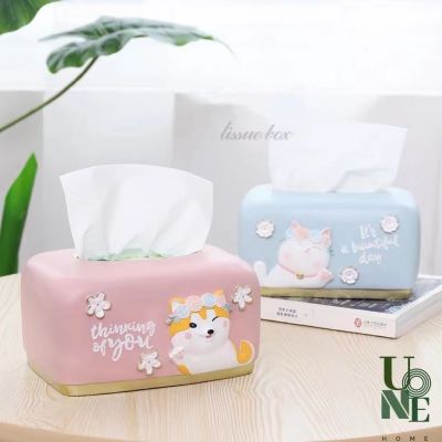 UoneHome พร้อมส่ง ♥ H064 กล่องใส่ทิชชู่ รูปน้องหมาและน้องแมว วัสดุเรซิน ของแต่งบ้าน ของใช้ในบ้าน ที่ใส่ทิชชู่ สีพาสเทลน่าใช้