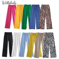 Willshela กางเกงผ้าซาตินยาวเต็มตัวสีพื้นหลายสีสำหรับผู้หญิงเอวยางยืดสูงกางเกงขายาวลำลองเก๋ไก๋สำหรับผู้หญิง